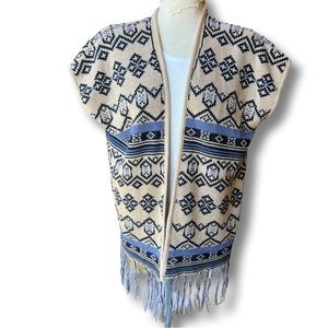 Alya Fringe Poncho Kimono Sweater, open sleeveless cardigan,  cream and blues